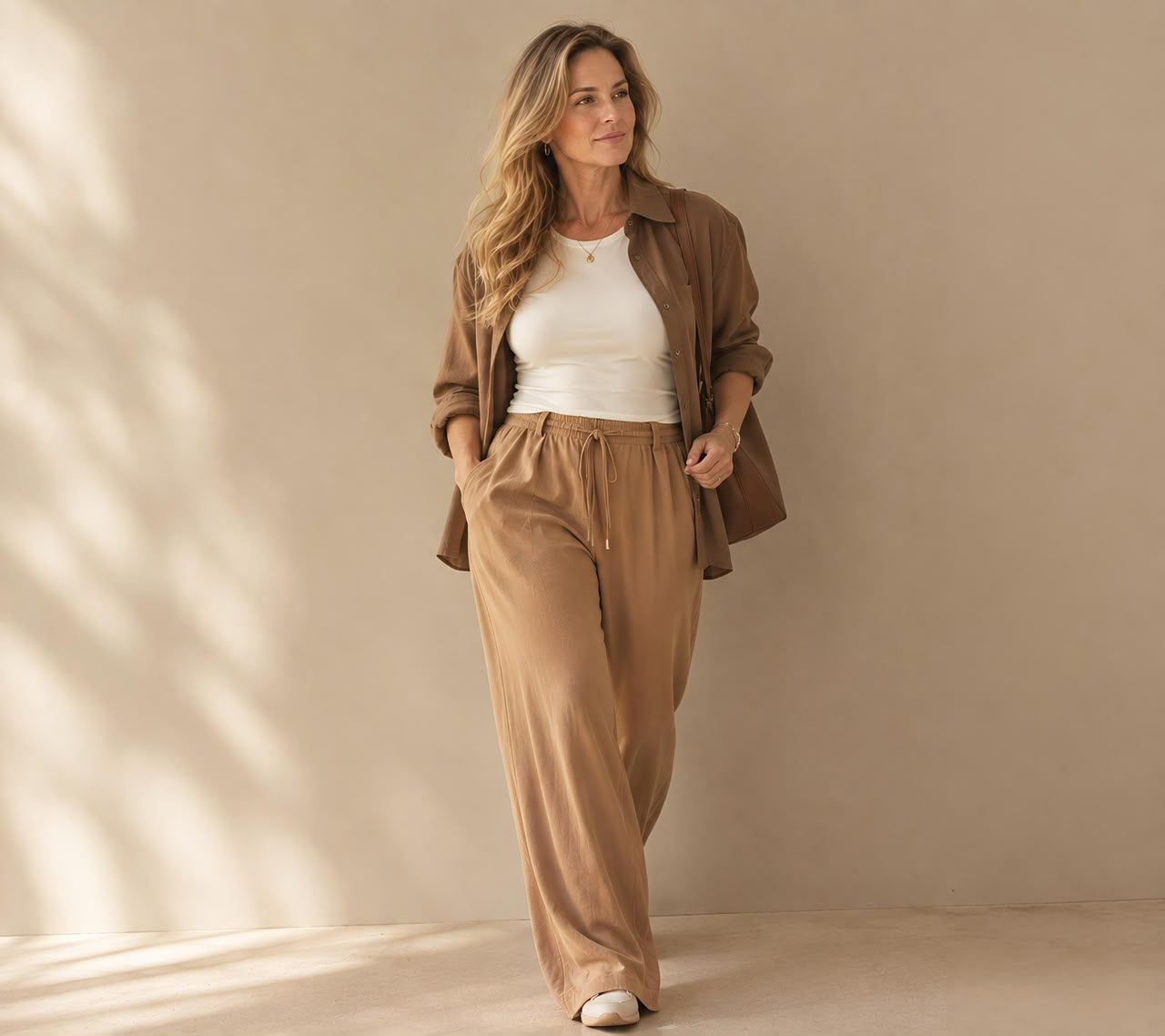 Mulher com camisa camel sobre top branco e calças fluidas camel