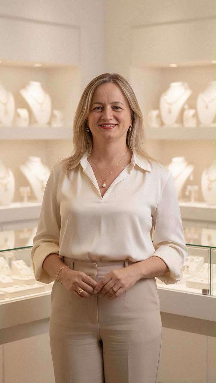 Diana Pontes, fundadora da Glow Semijoias, de blusa clara numa joalharia
